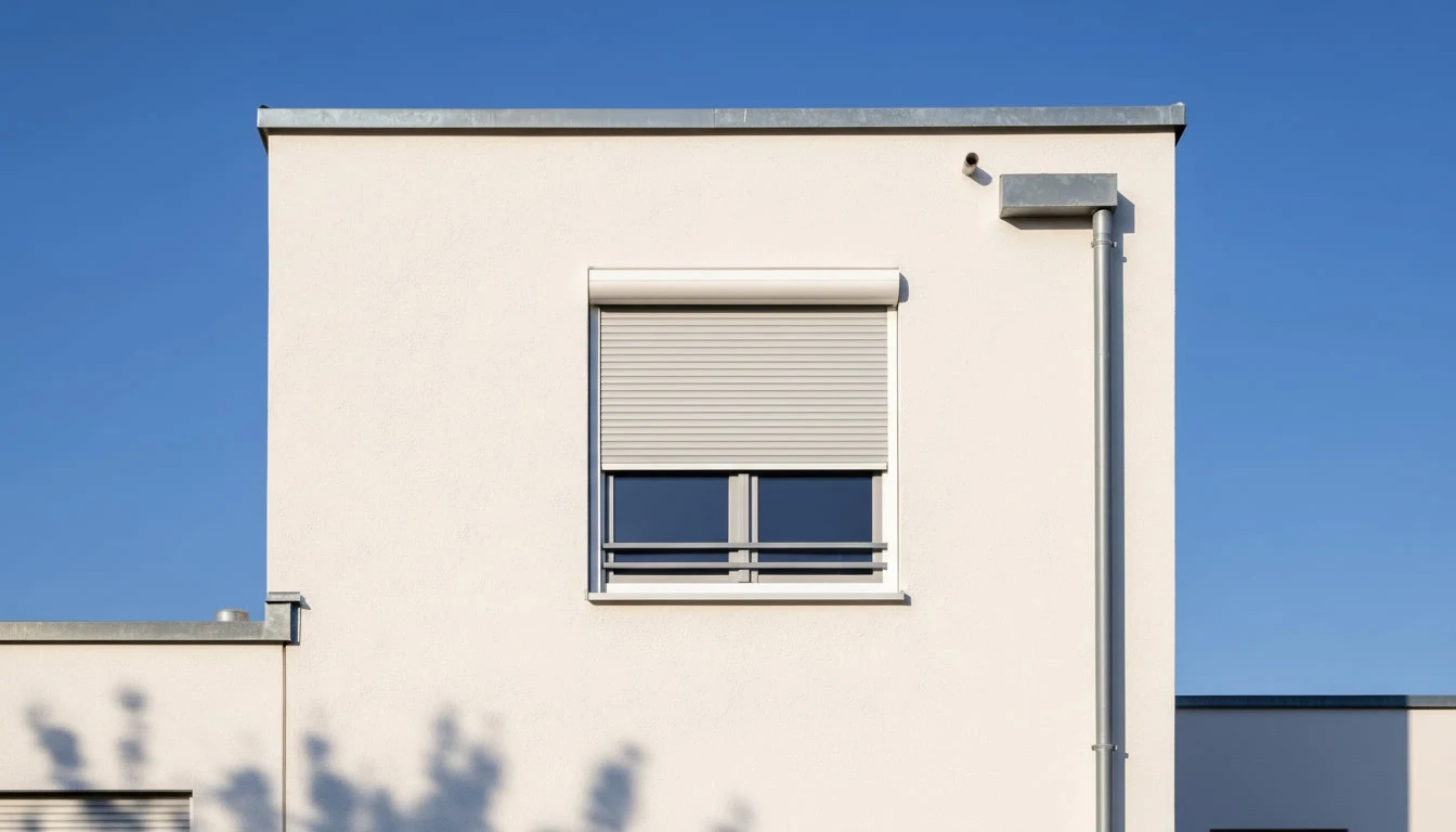 Façade de bâtiment moderne avec volet roulant électrique blanc partiellement fermé sur fenêtre à double vitrage