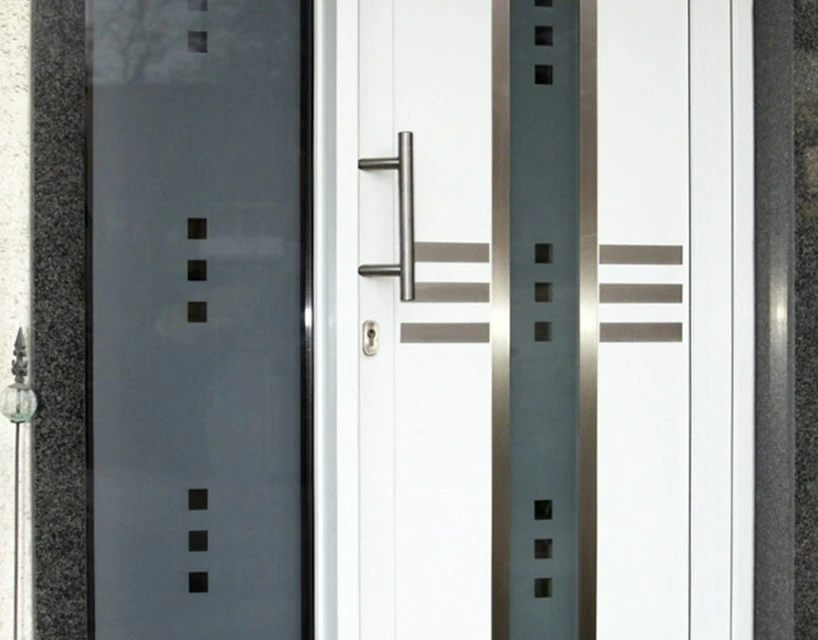 Façade extérieure d'une maison traditionnelle en pierre calcaire avec volets battants bordeaux, porte d'entrée vitrée assortie et véranda attenante