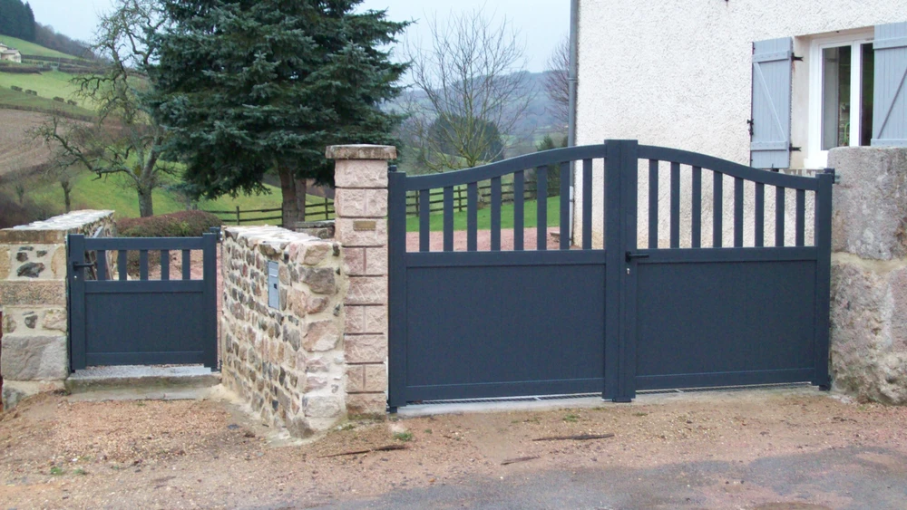 Portail métallique noir automatique ouvert sur route asphaltée, vignoble en arrière-plan